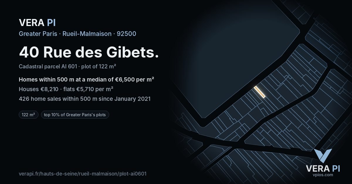 40 Rue des Gibets, Rueil-Malmaison at night – the plot lit, the parcels around coloured by the prices near them
