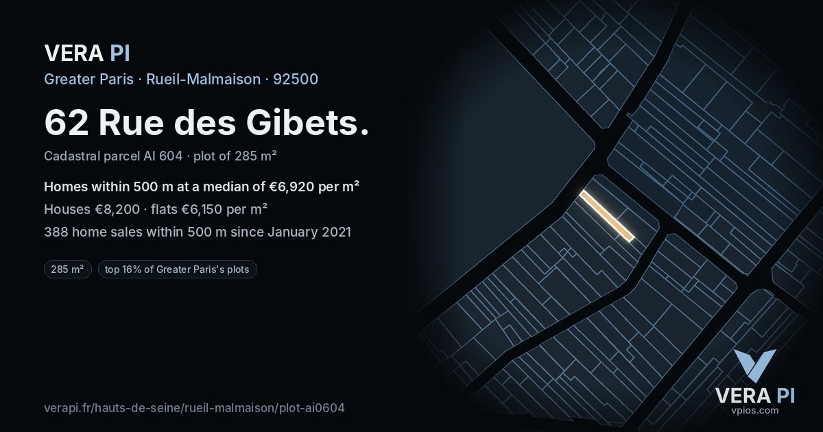 62 Rue des Gibets, Rueil-Malmaison at night – the plot lit, the parcels around coloured by the prices near them