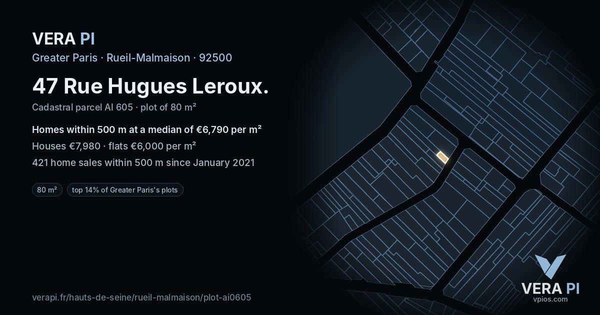 47 Rue Hugues Leroux, Rueil-Malmaison at night – the plot lit, the parcels around coloured by the prices near them