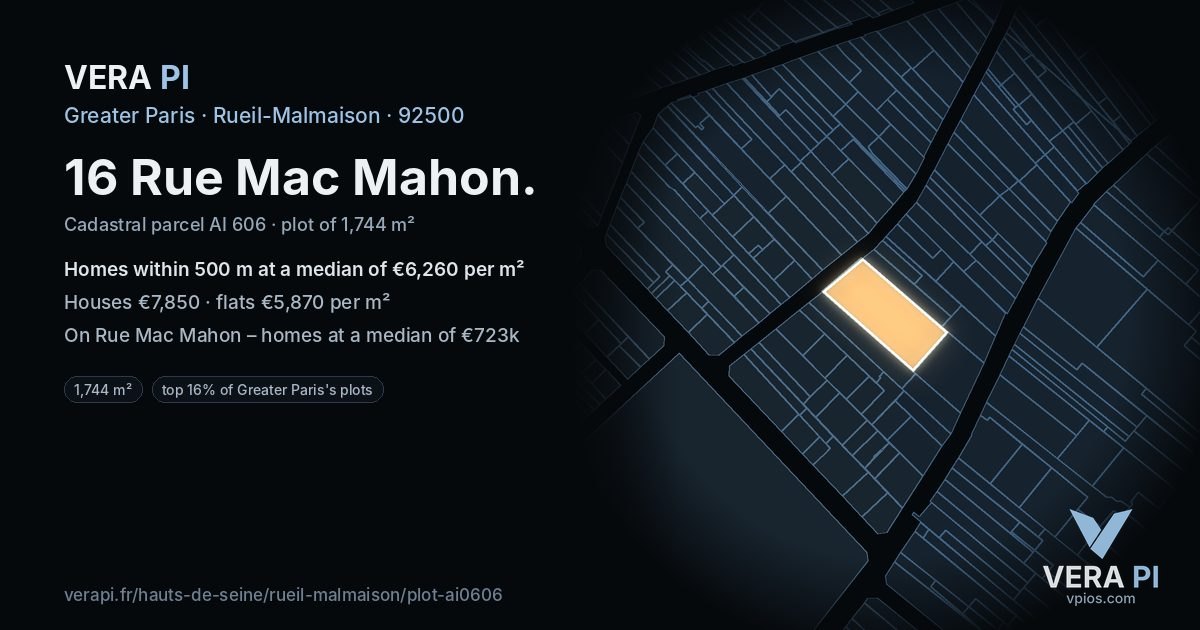 16 Rue Mac Mahon, Rueil-Malmaison at night – the plot lit, the parcels around coloured by the prices near them