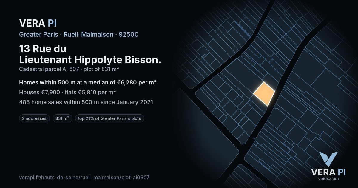 13 Rue du Lieutenant Hippolyte Bisson, Rueil-Malmaison at night – the plot lit, the parcels around coloured by the prices near them