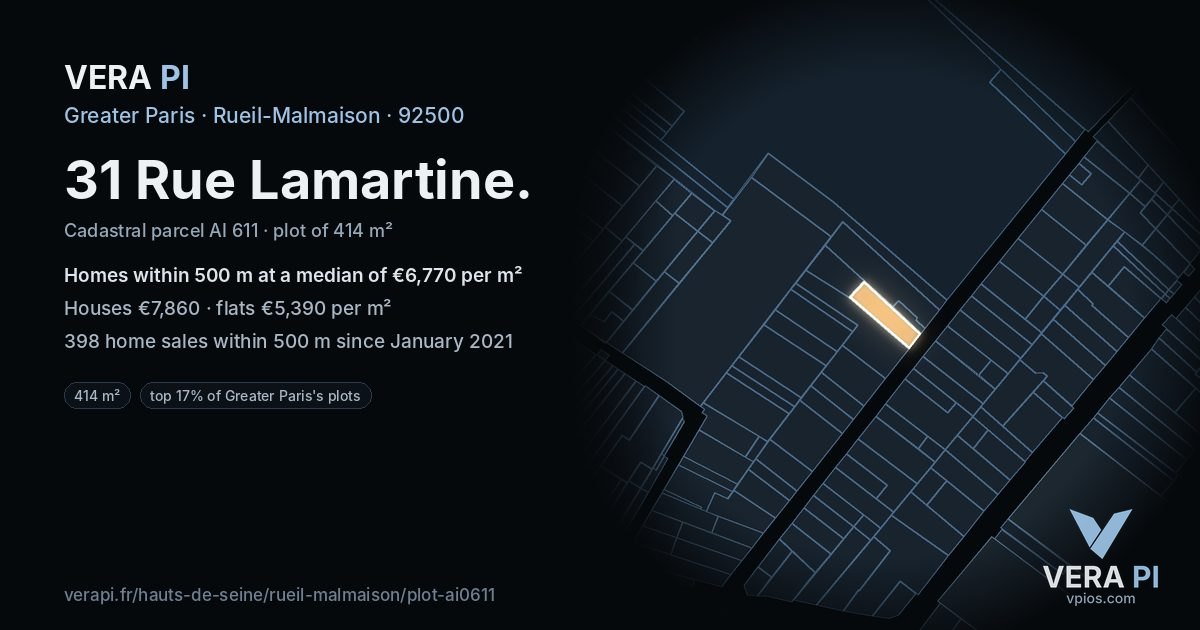 31 Rue Lamartine, Rueil-Malmaison at night – the plot lit, the parcels around coloured by the prices near them