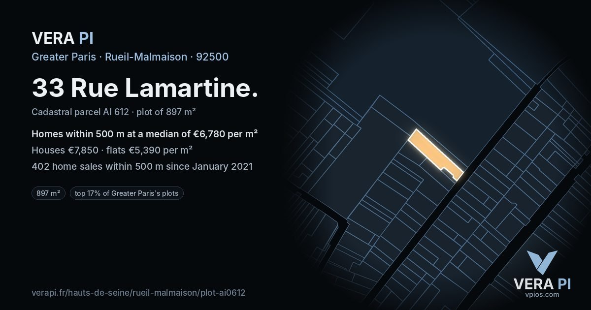 33 Rue Lamartine, Rueil-Malmaison at night – the plot lit, the parcels around coloured by the prices near them