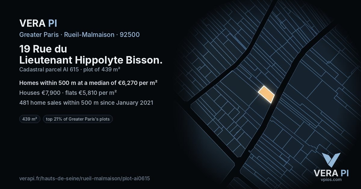 19 Rue du Lieutenant Hippolyte Bisson, Rueil-Malmaison at night – the plot lit, the parcels around coloured by the prices near them