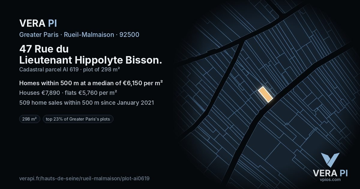 47 Rue du Lieutenant Hippolyte Bisson, Rueil-Malmaison at night – the plot lit, the parcels around coloured by the prices near them