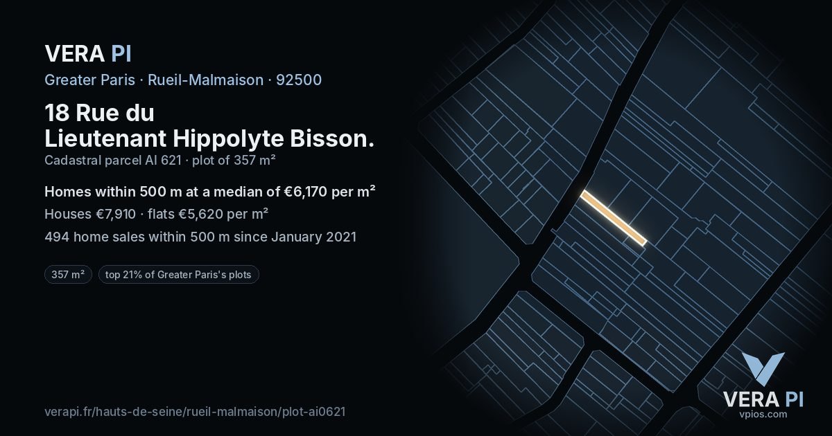 18 Rue du Lieutenant Hippolyte Bisson, Rueil-Malmaison at night – the plot lit, the parcels around coloured by the prices near them