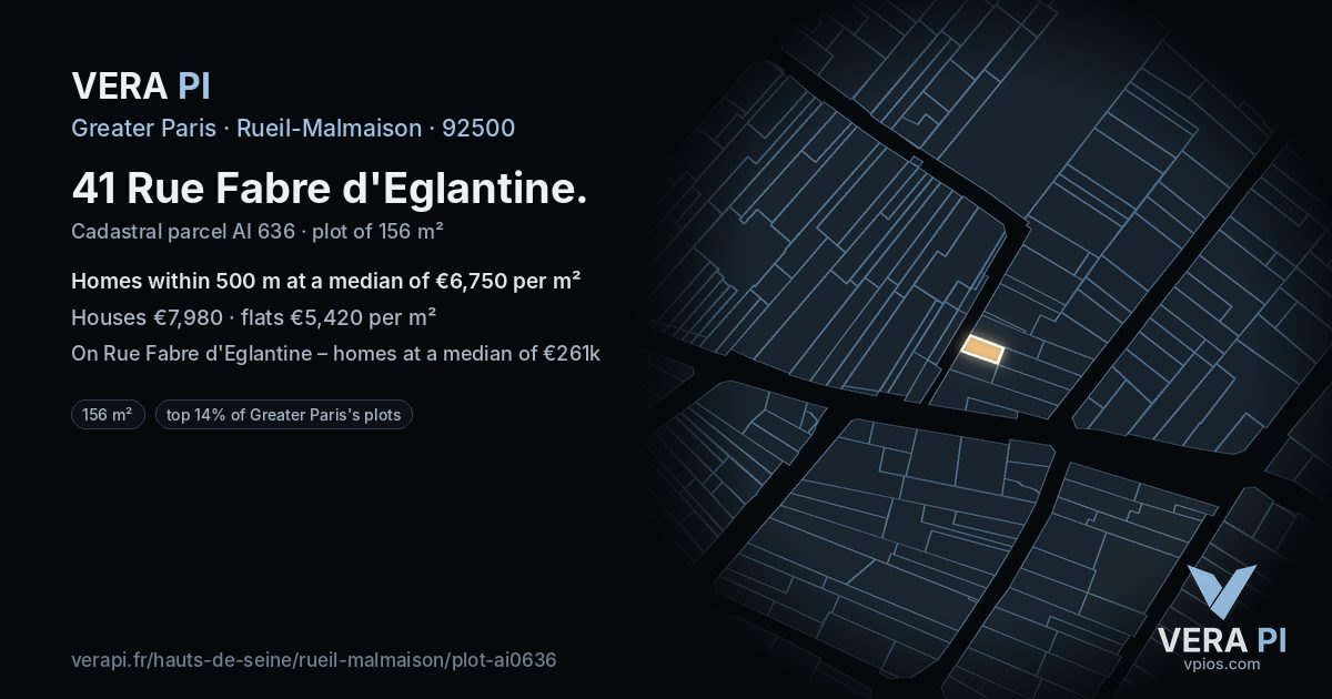 41 Rue Fabre d'Eglantine, Rueil-Malmaison at night – the plot lit, the parcels around coloured by the prices near them