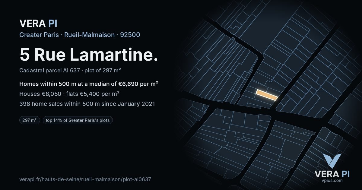 5 Rue Lamartine, Rueil-Malmaison at night – the plot lit, the parcels around coloured by the prices near them