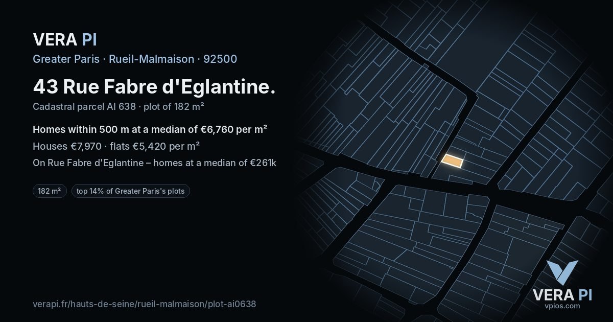 43 Rue Fabre d'Eglantine, Rueil-Malmaison at night – the plot lit, the parcels around coloured by the prices near them