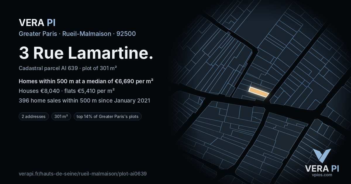 3 Rue Lamartine, Rueil-Malmaison at night – the plot lit, the parcels around coloured by the prices near them