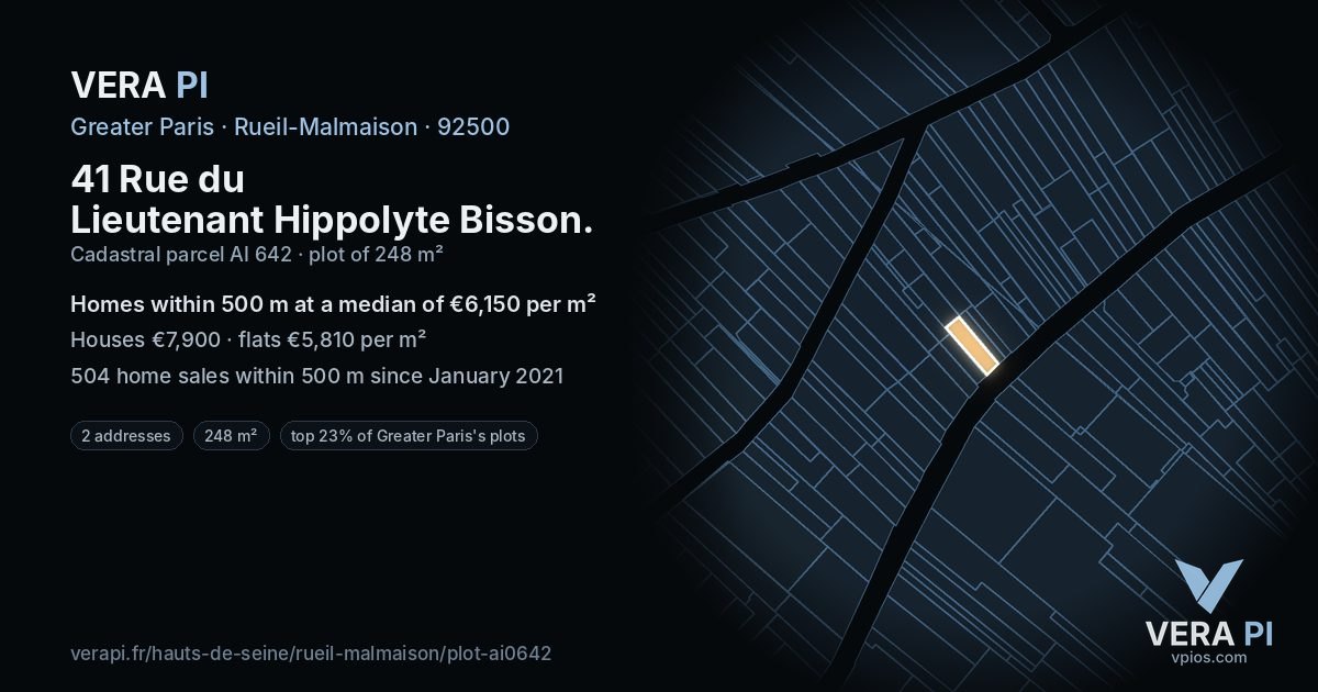 41 Rue du Lieutenant Hippolyte Bisson, Rueil-Malmaison at night – the plot lit, the parcels around coloured by the prices near them