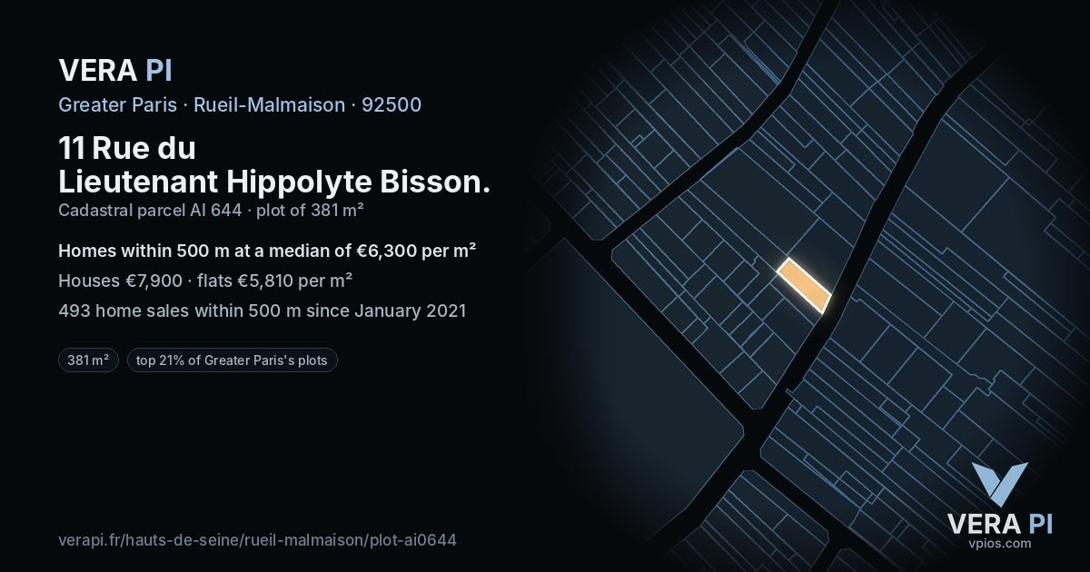11 Rue du Lieutenant Hippolyte Bisson, Rueil-Malmaison at night – the plot lit, the parcels around coloured by the prices near them