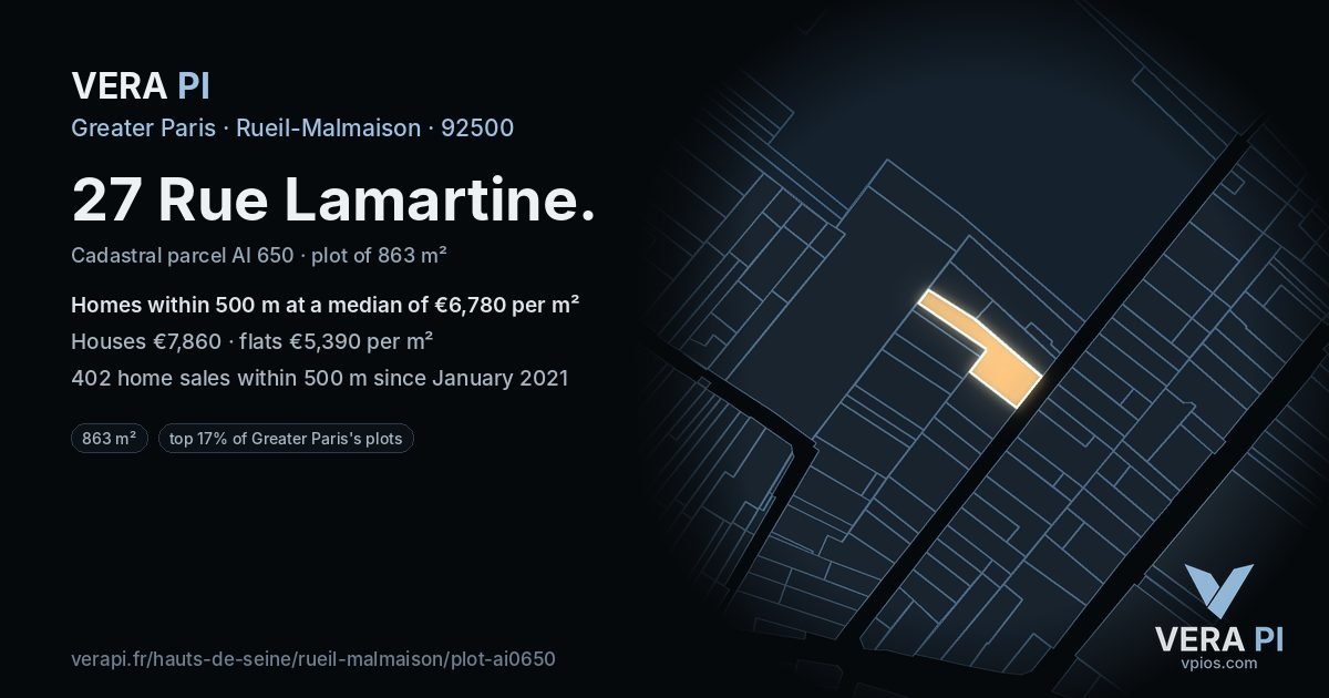 27 Rue Lamartine, Rueil-Malmaison at night – the plot lit, the parcels around coloured by the prices near them