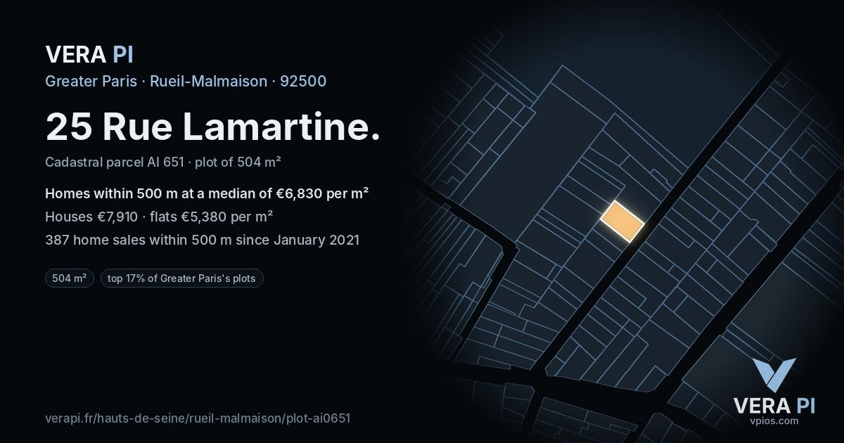 25 Rue Lamartine, Rueil-Malmaison at night – the plot lit, the parcels around coloured by the prices near them