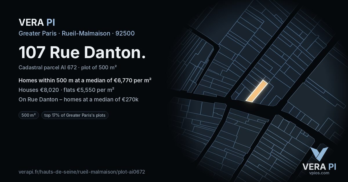 107 Rue Danton, Rueil-Malmaison at night – the plot lit, the parcels around coloured by the prices near them