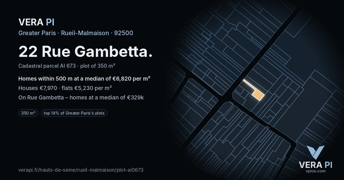 22 Rue Gambetta, Rueil-Malmaison at night – the plot lit, the parcels around coloured by the prices near them