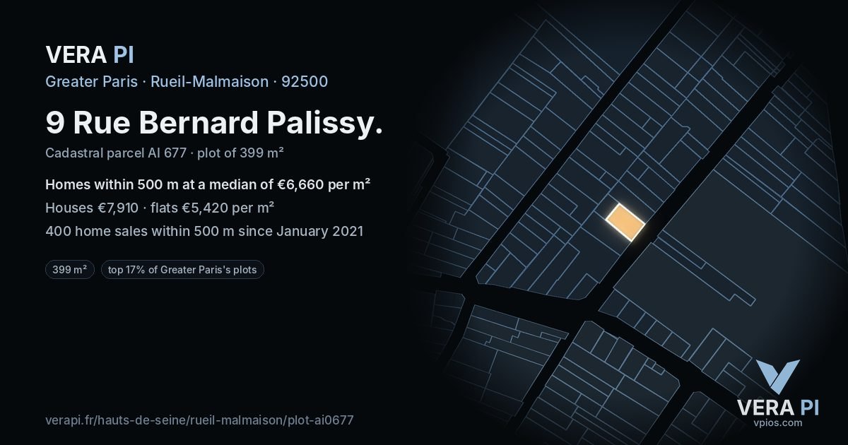 9 Rue Bernard Palissy, Rueil-Malmaison at night – the plot lit, the parcels around coloured by the prices near them
