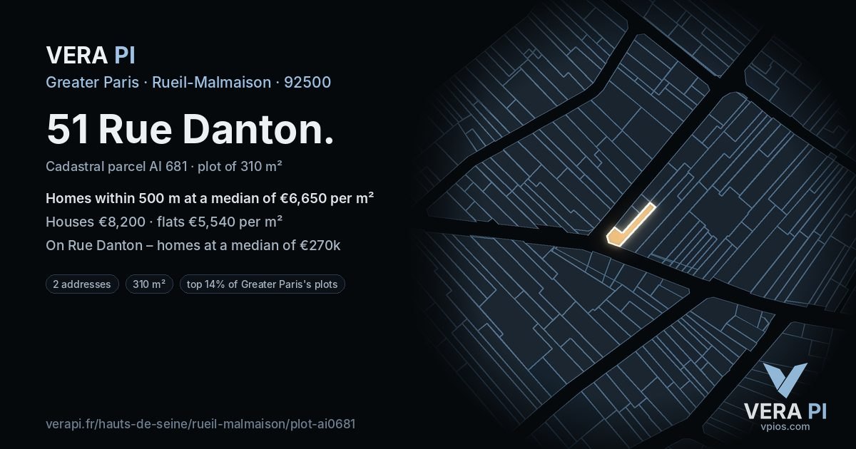 51 Rue Danton, Rueil-Malmaison at night – the plot lit, the parcels around coloured by the prices near them