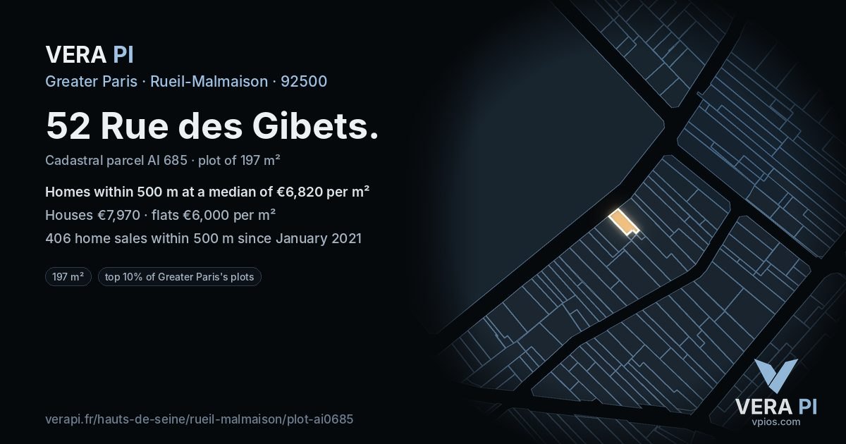 52 Rue des Gibets, Rueil-Malmaison at night – the plot lit, the parcels around coloured by the prices near them