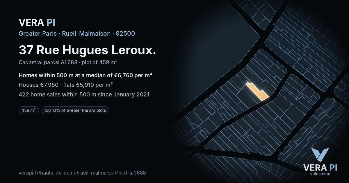 37 Rue Hugues Leroux, Rueil-Malmaison at night – the plot lit, the parcels around coloured by the prices near them