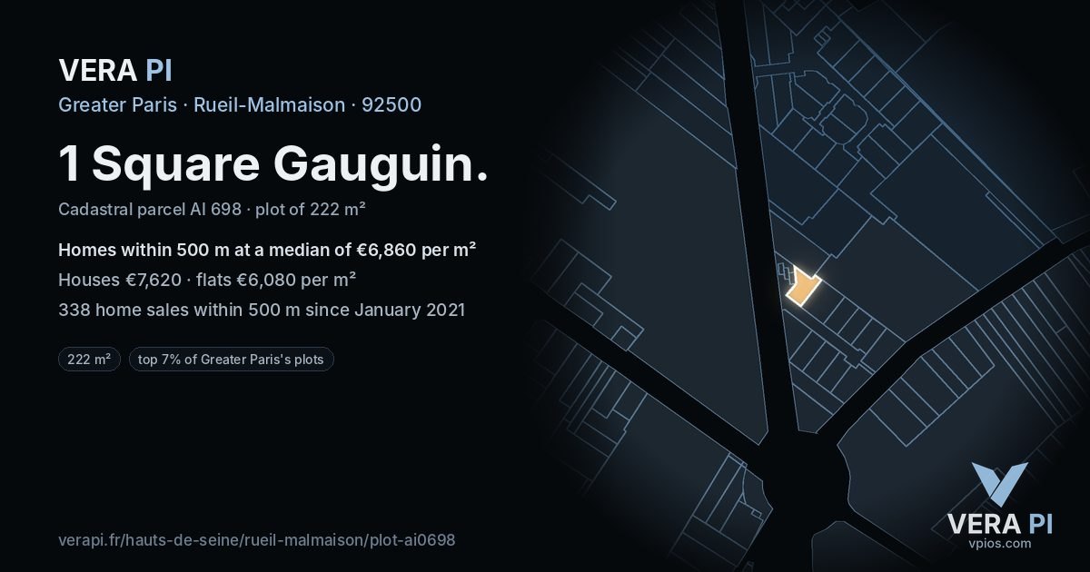 1 Square Gauguin, Rueil-Malmaison at night – the plot lit, the parcels around coloured by the prices near them