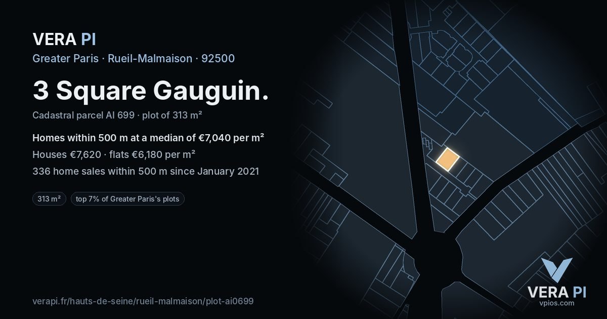 3 Square Gauguin, Rueil-Malmaison at night – the plot lit, the parcels around coloured by the prices near them