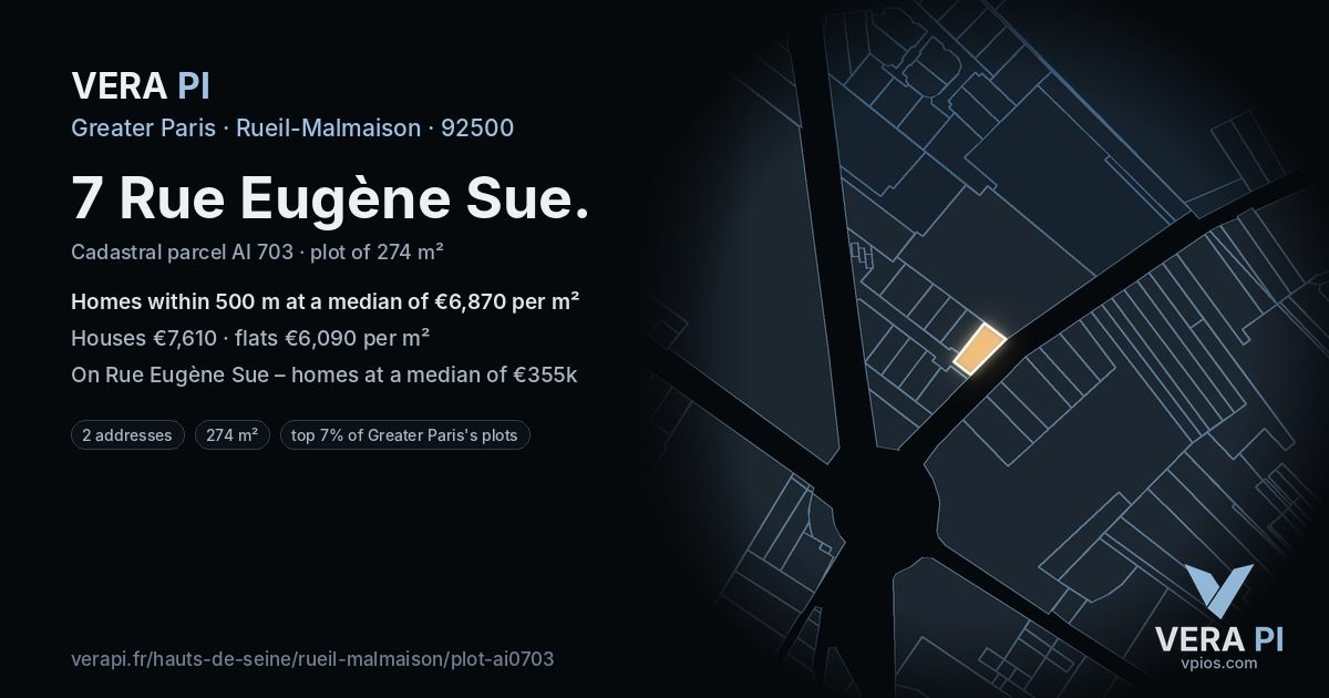 7 Rue Eugène Sue, Rueil-Malmaison at night – the plot lit, the parcels around coloured by the prices near them