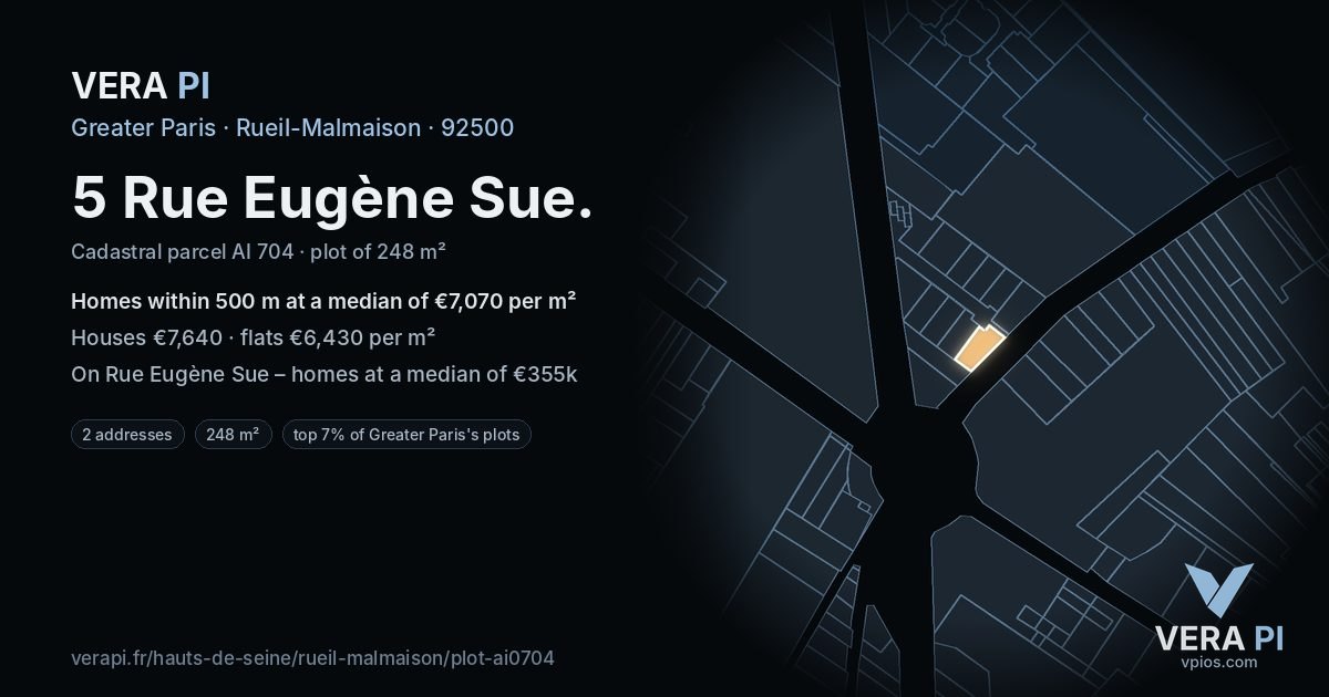 5 Rue Eugène Sue, Rueil-Malmaison at night – the plot lit, the parcels around coloured by the prices near them