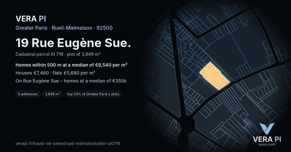 19 Rue Eugène Sue, Rueil-Malmaison at night – the plot lit, the parcels around coloured by the prices near them