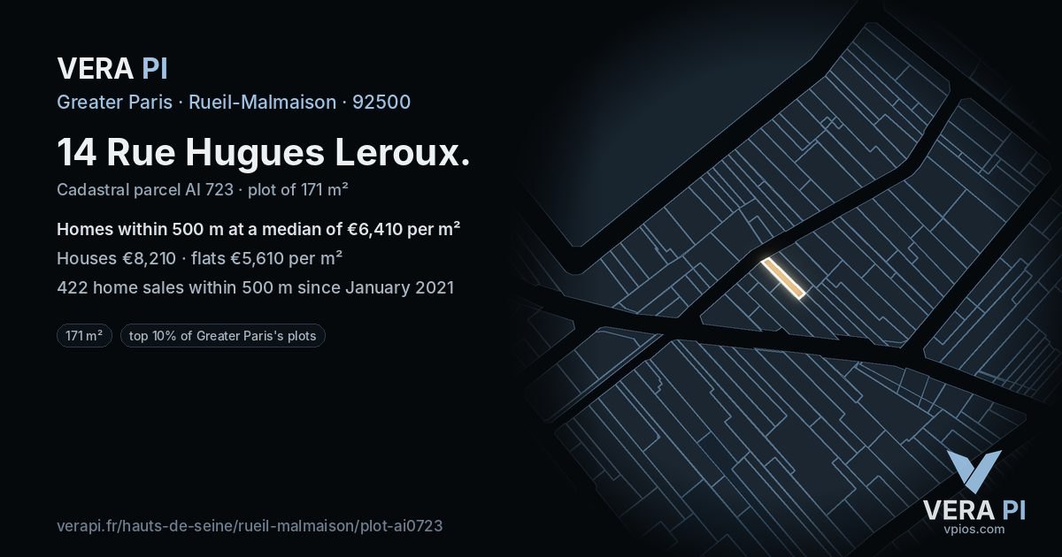 14 Rue Hugues Leroux, Rueil-Malmaison at night – the plot lit, the parcels around coloured by the prices near them