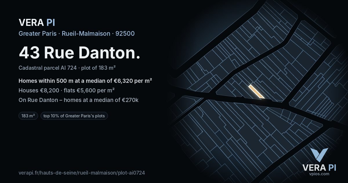 43 Rue Danton, Rueil-Malmaison at night – the plot lit, the parcels around coloured by the prices near them