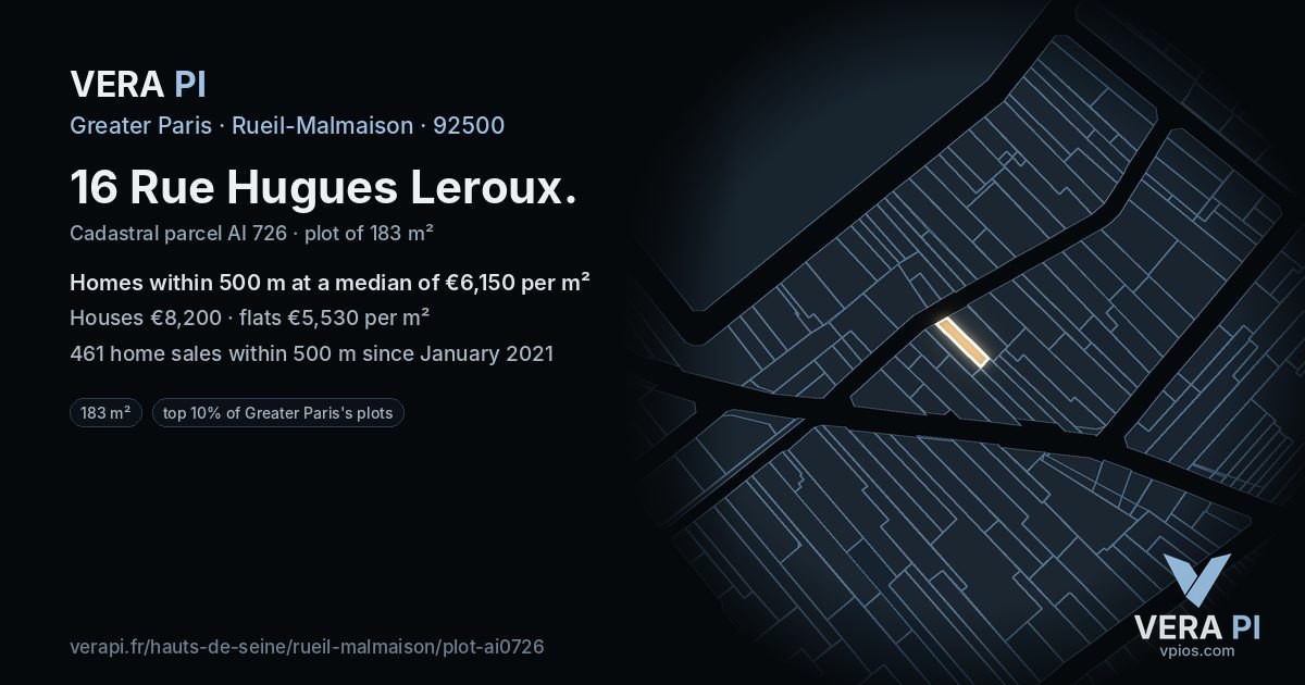 16 Rue Hugues Leroux, Rueil-Malmaison at night – the plot lit, the parcels around coloured by the prices near them