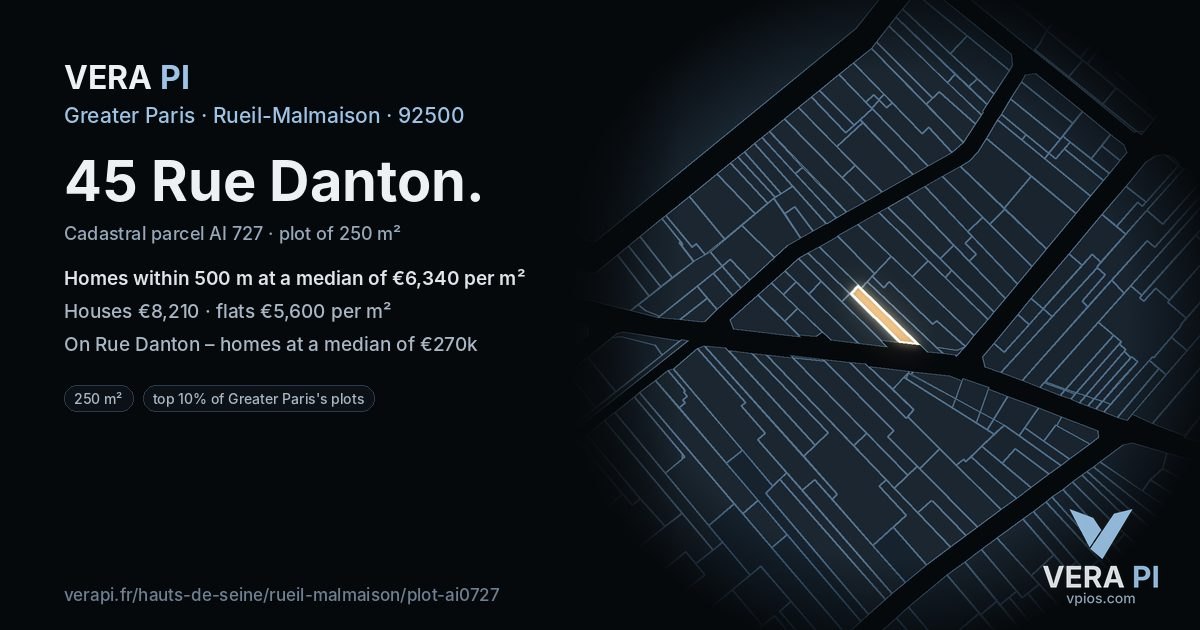 45 Rue Danton, Rueil-Malmaison at night – the plot lit, the parcels around coloured by the prices near them