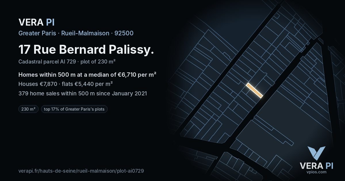 17 Rue Bernard Palissy, Rueil-Malmaison at night – the plot lit, the parcels around coloured by the prices near them