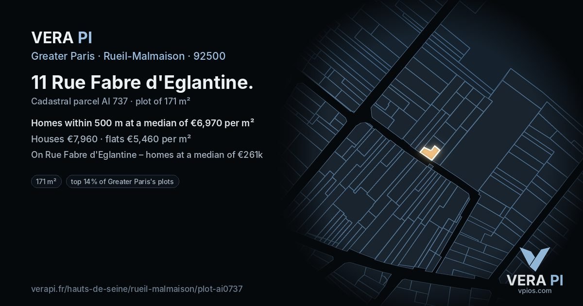 11 Rue Fabre d'Eglantine, Rueil-Malmaison at night – the plot lit, the parcels around coloured by the prices near them