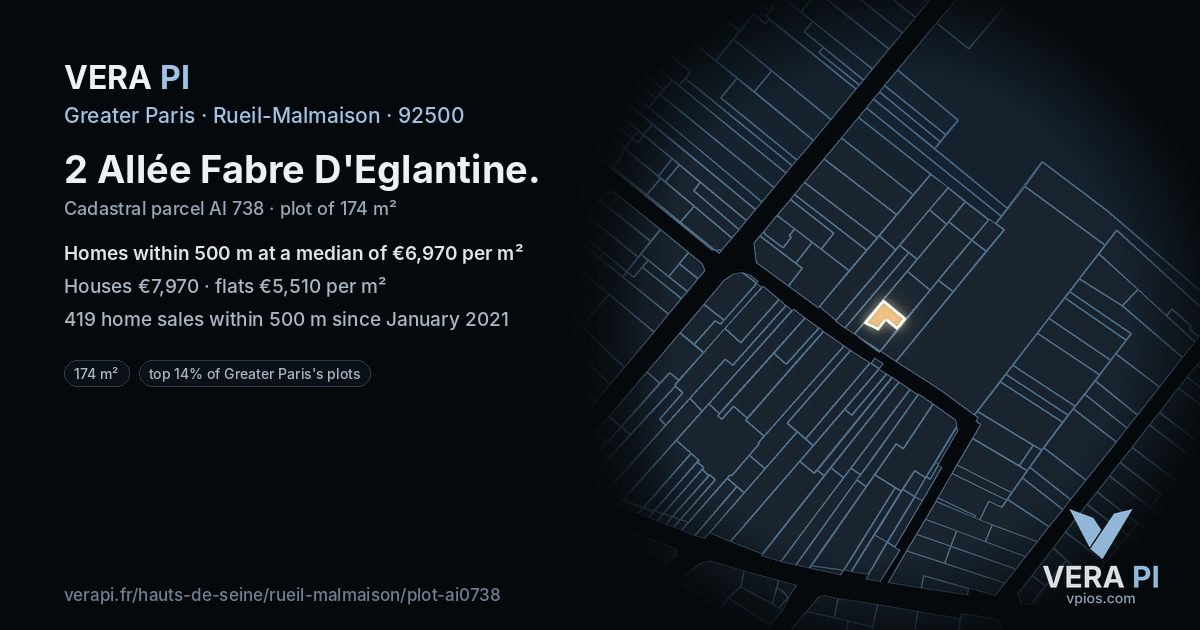 2 Allée Fabre D'Eglantine, Rueil-Malmaison at night – the plot lit, the parcels around coloured by the prices near them