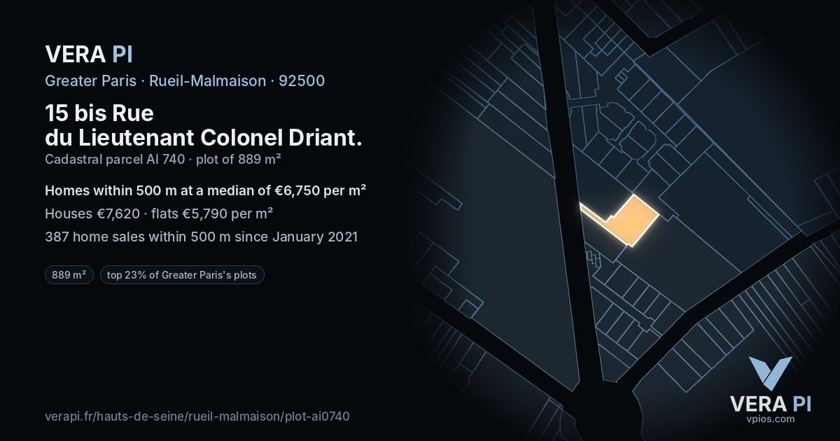 15 bis Rue du Lieutenant Colonel Driant, Rueil-Malmaison at night – the plot lit, the parcels around coloured by the prices near them