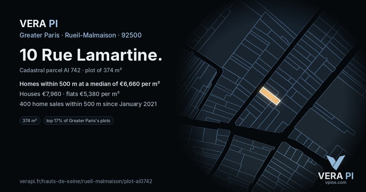 10 Rue Lamartine, Rueil-Malmaison at night – the plot lit, the parcels around coloured by the prices near them