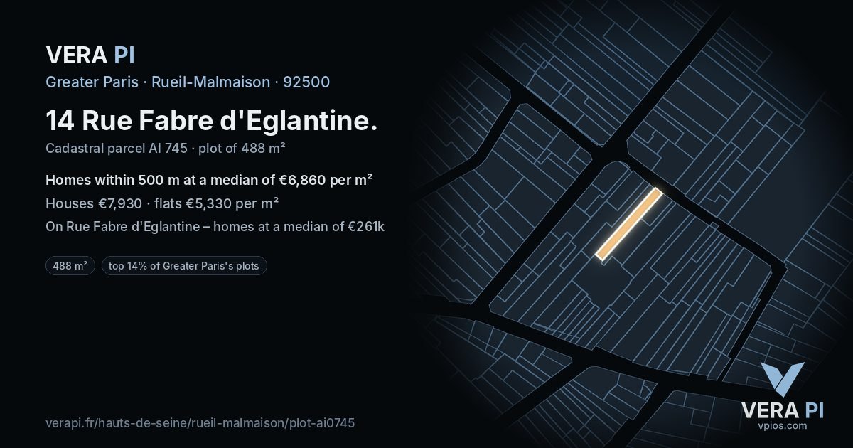 14 Rue Fabre d'Eglantine, Rueil-Malmaison at night – the plot lit, the parcels around coloured by the prices near them