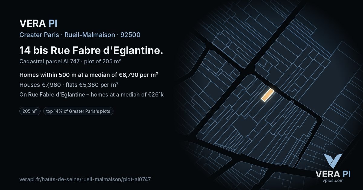 14 bis Rue Fabre d'Eglantine, Rueil-Malmaison at night – the plot lit, the parcels around coloured by the prices near them