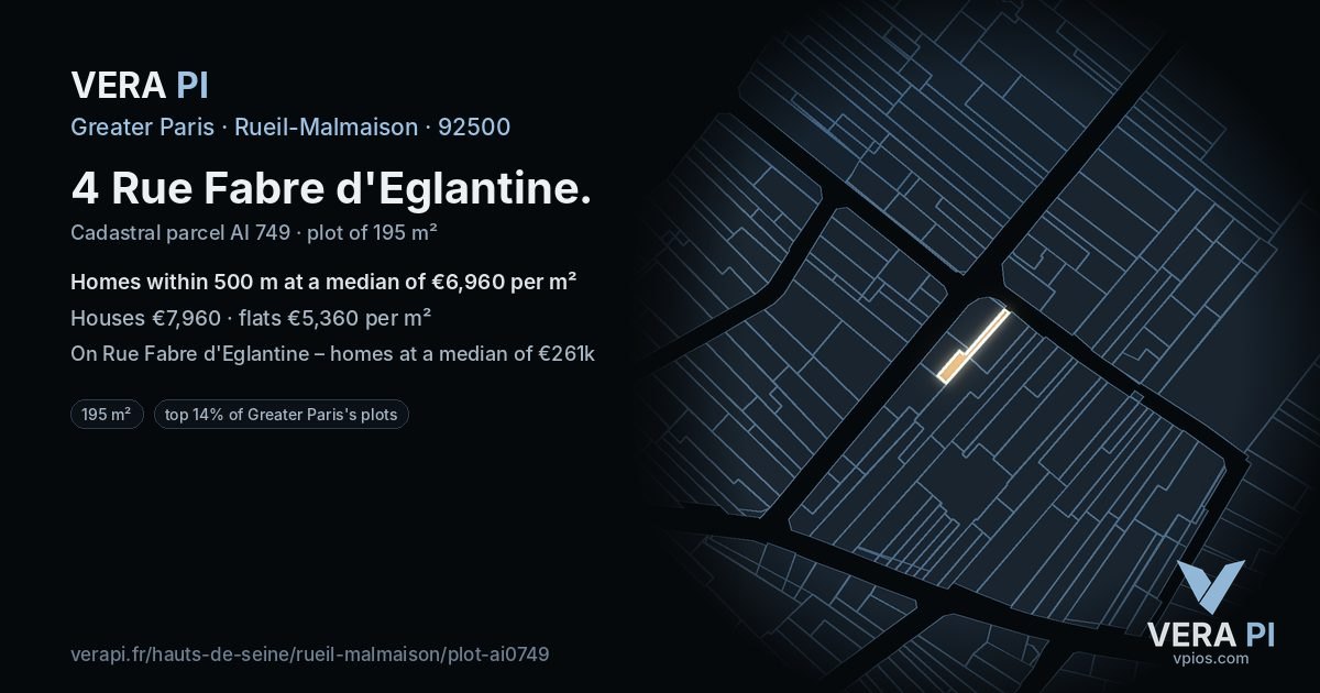 4 Rue Fabre d'Eglantine, Rueil-Malmaison at night – the plot lit, the parcels around coloured by the prices near them