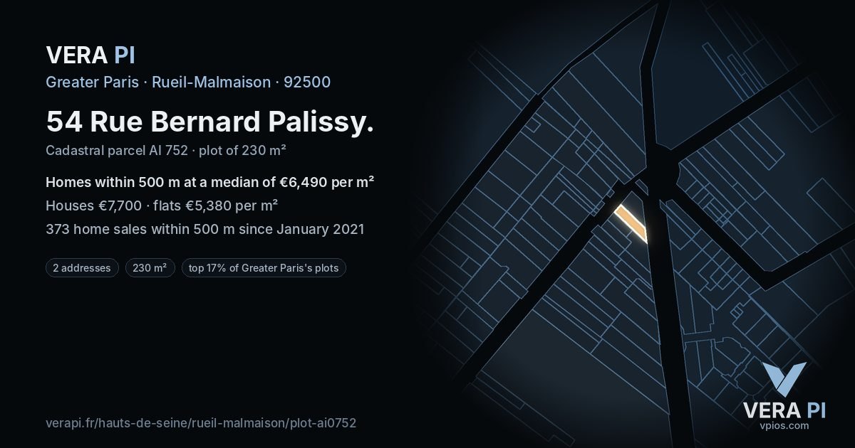 54 Rue Bernard Palissy, Rueil-Malmaison at night – the plot lit, the parcels around coloured by the prices near them
