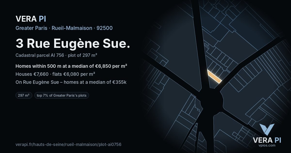 3 Rue Eugène Sue, Rueil-Malmaison at night – the plot lit, the parcels around coloured by the prices near them