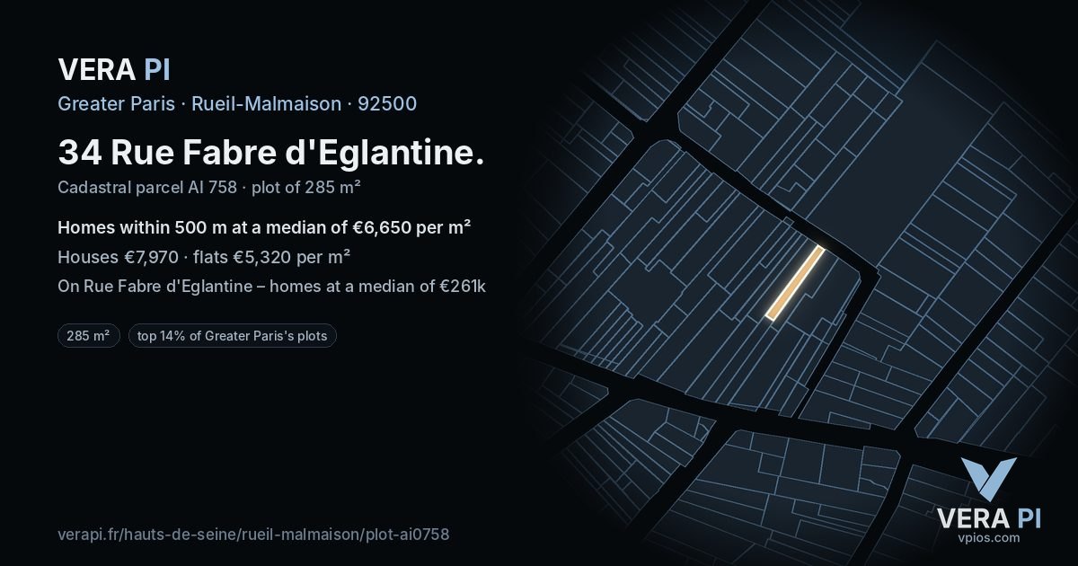 34 Rue Fabre d'Eglantine, Rueil-Malmaison at night – the plot lit, the parcels around coloured by the prices near them