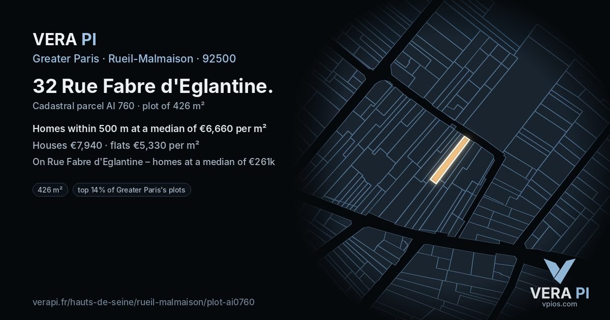32 Rue Fabre d'Eglantine, Rueil-Malmaison at night – the plot lit, the parcels around coloured by the prices near them