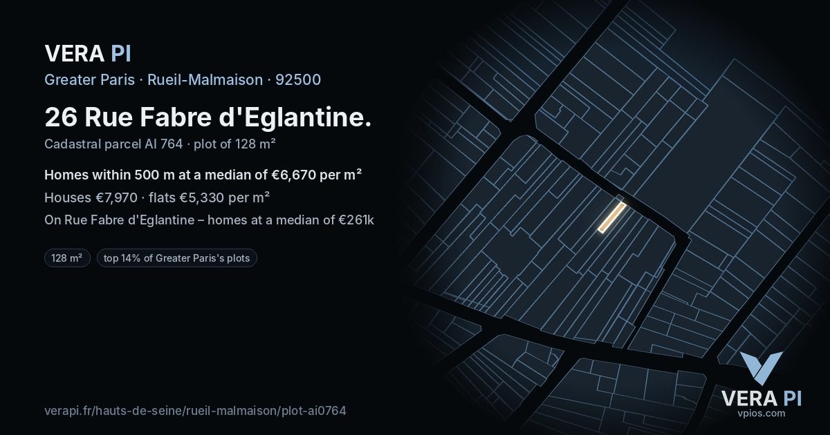 26 Rue Fabre d'Eglantine, Rueil-Malmaison at night – the plot lit, the parcels around coloured by the prices near them