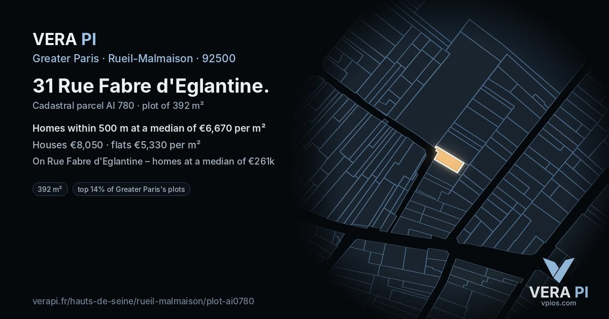 31 Rue Fabre d'Eglantine, Rueil-Malmaison at night – the plot lit, the parcels around coloured by the prices near them