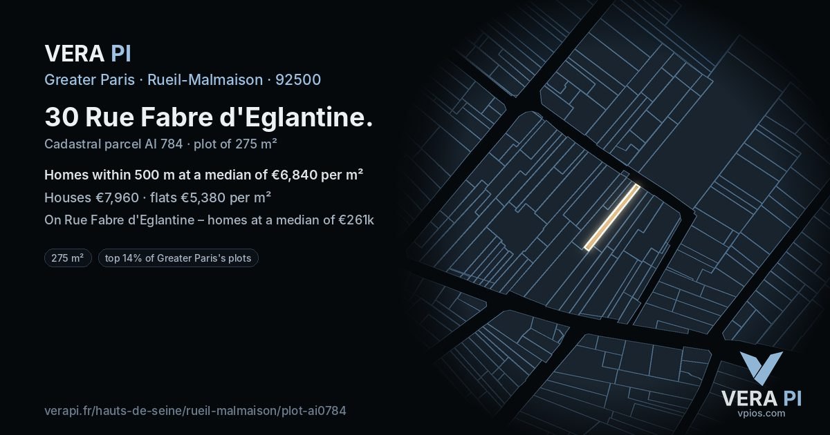 30 Rue Fabre d'Eglantine, Rueil-Malmaison at night – the plot lit, the parcels around coloured by the prices near them