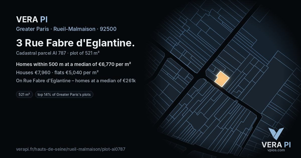 3 Rue Fabre d'Eglantine, Rueil-Malmaison at night – the plot lit, the parcels around coloured by the prices near them