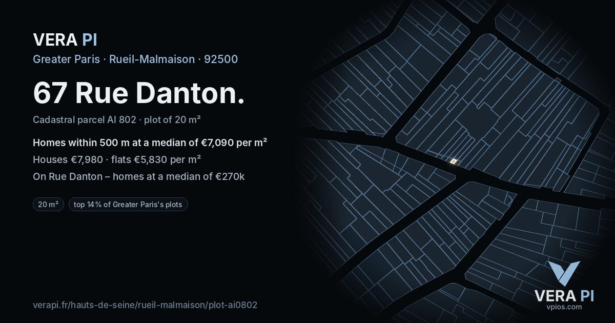 67 Rue Danton, Rueil-Malmaison at night – the plot lit, the parcels around coloured by the prices near them